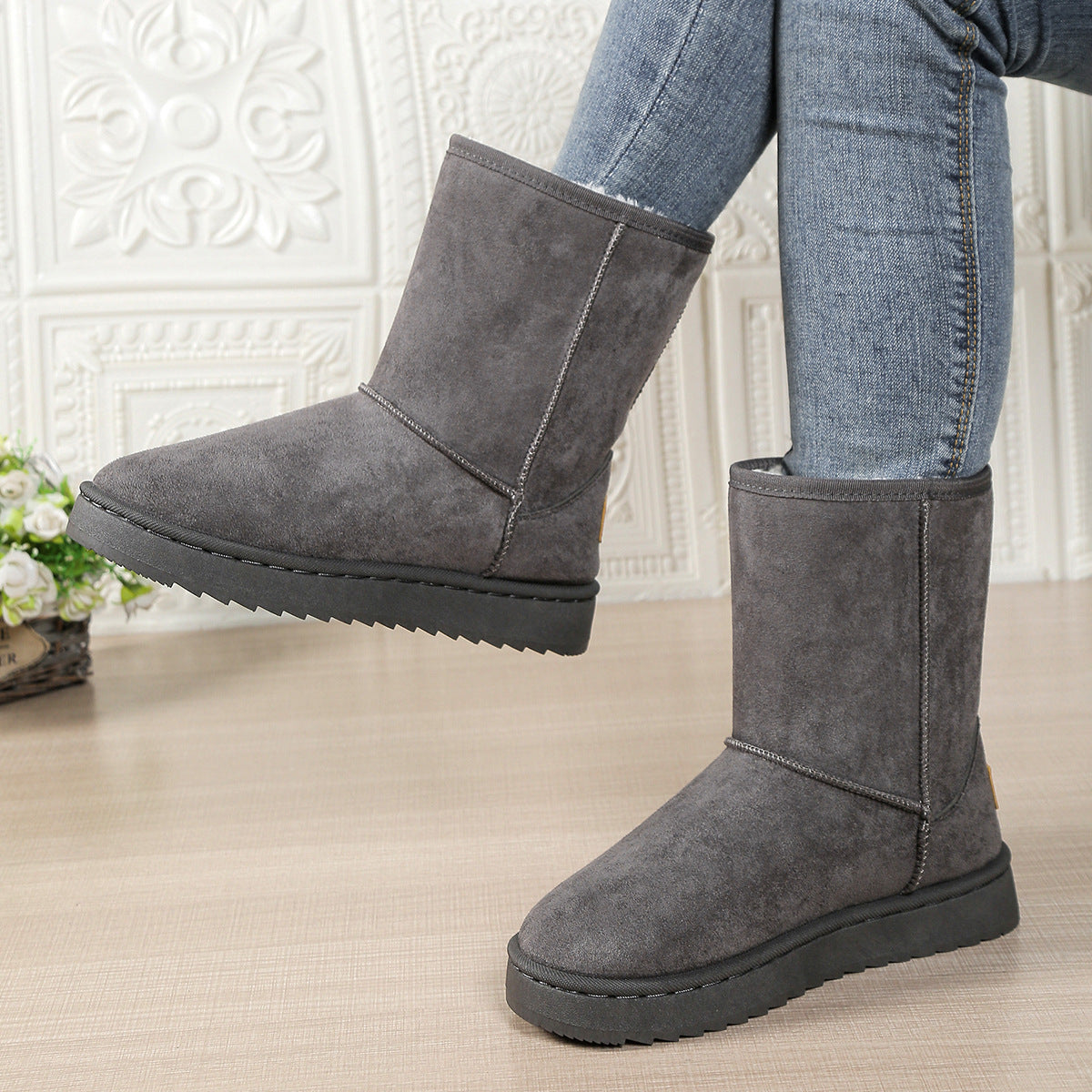 Bree | Faux Suede Fleece Lined Flat Mid Calf Winter Snow Boots Women