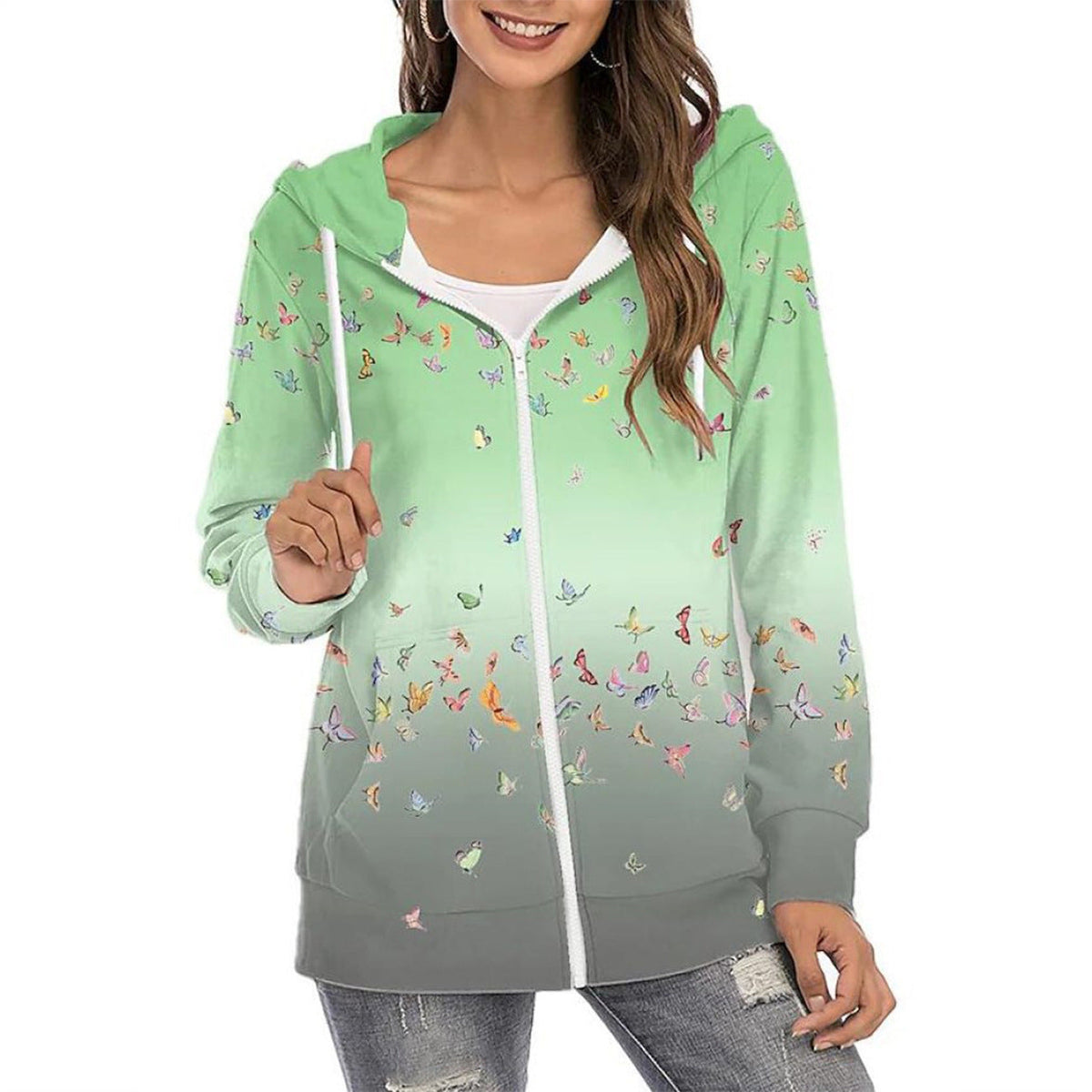 Esme | Fleece Floral Printed Zip Up Drawstring Pockets Longline Hoodie Women
