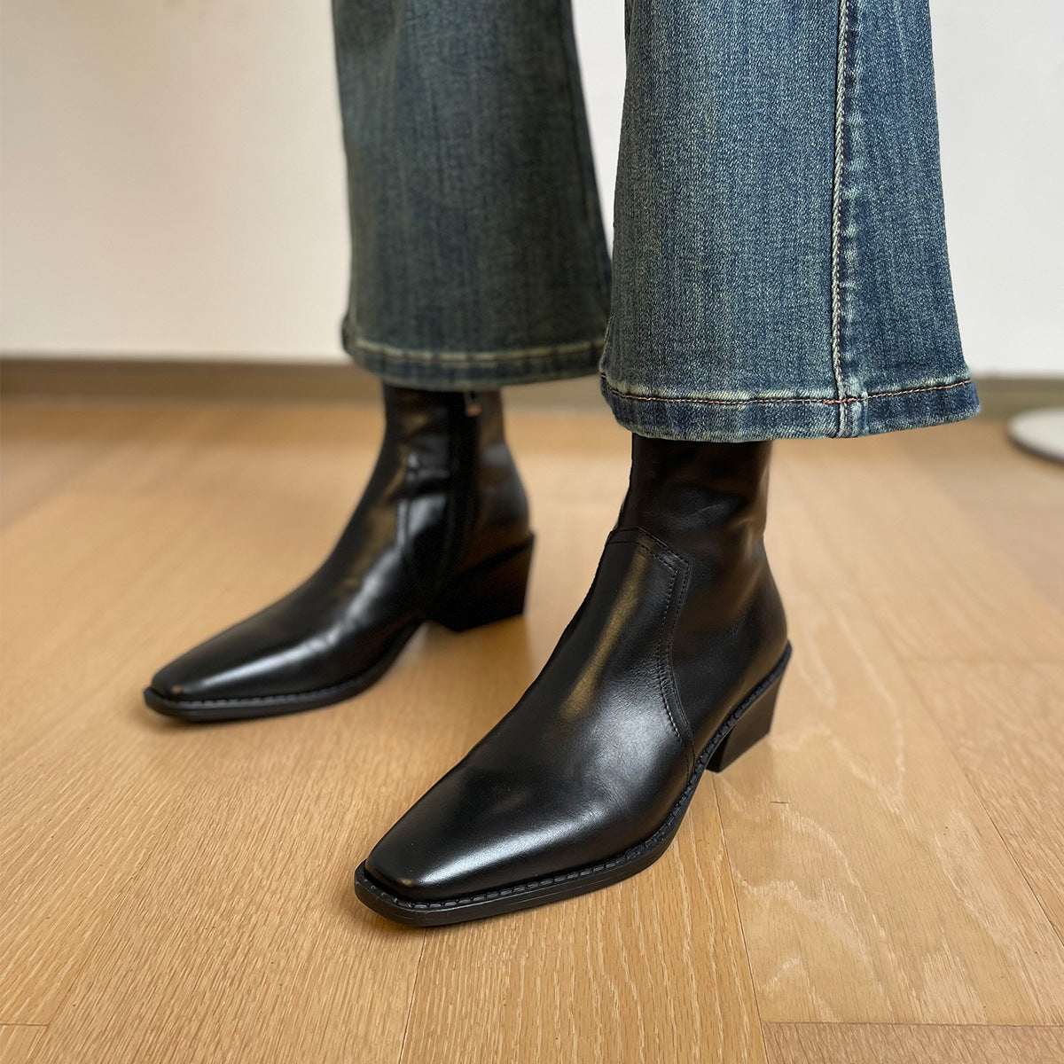 Lena | Faux Leather Block Heeled Square Toe Zip Up Autumn Smart Ankle Boots Women