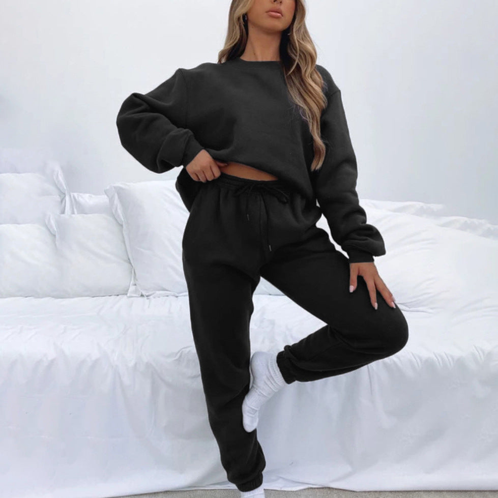 Halle | Oversized Cropped Long Sleeve Tie Waist Winter Fleece Tracksuit Women