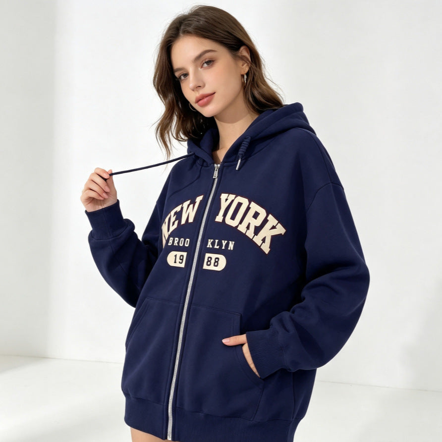 Bea | Fleece Printed Zip Up Drawstring Pockets Long Sleeve Autumn Oversized Hoodie Women