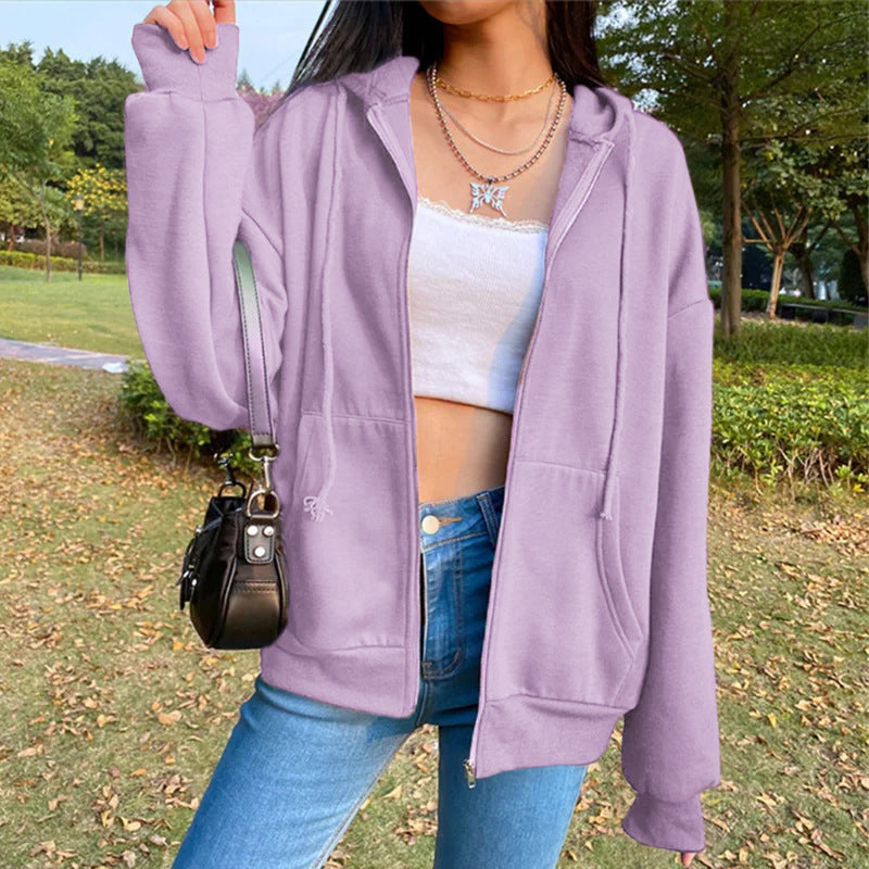 Vida | Fleece Zip Up Drawstring Pockets Ribbed Long Sleeve Autumn Oversized Hoodie Women