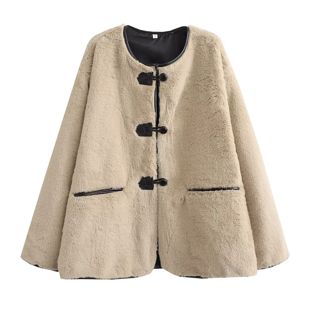 Clem | Teddy Faux Fur Collarless Oversized Button Pocket Short Winter Coat Women