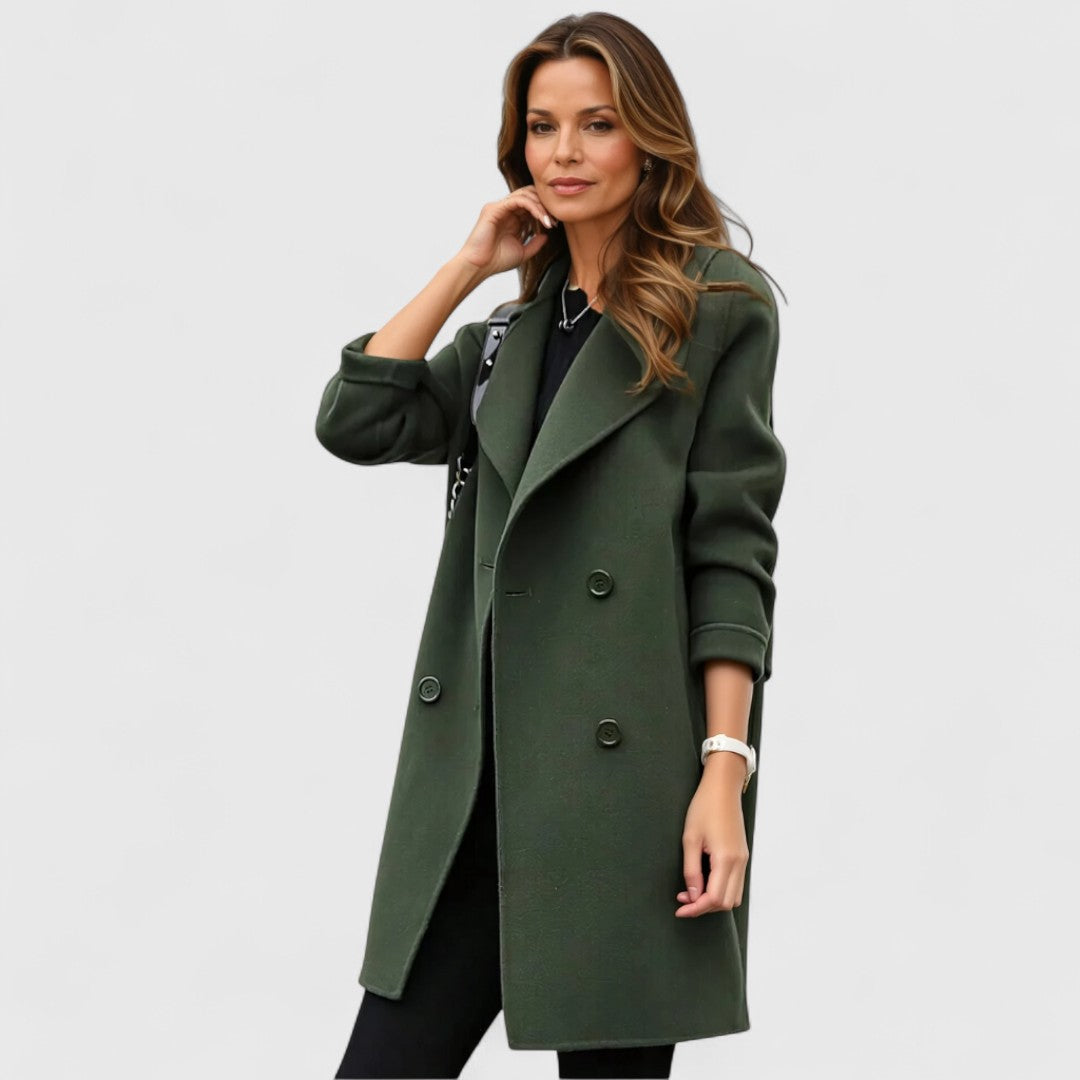 Double Breasted Wrap Coat with Wide Lapel - Dark Green
