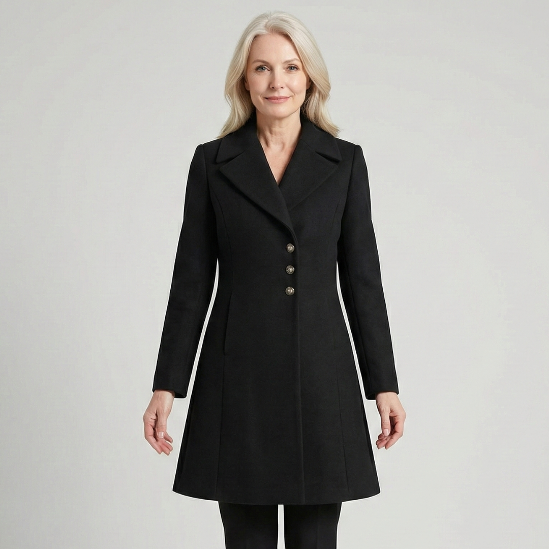Mid-Length Lapel Coat with Button Front - Black