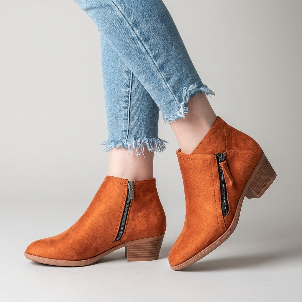 Mia | Block Heeled Round Toe Zip Up Autumn Faux Suede Ankle Boots Women