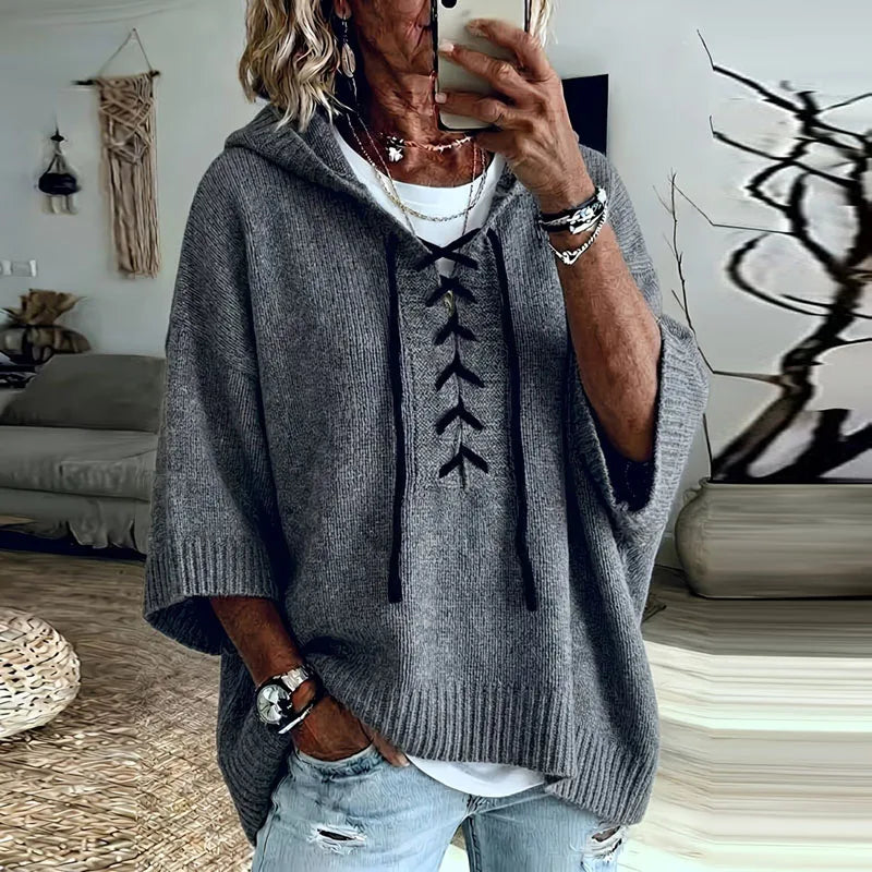Hooded Knit Top with Lace-Up Front - Dusty Pink
