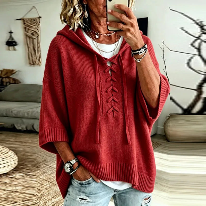 Hooded Knit Top with Lace-Up Front - Dusty Pink