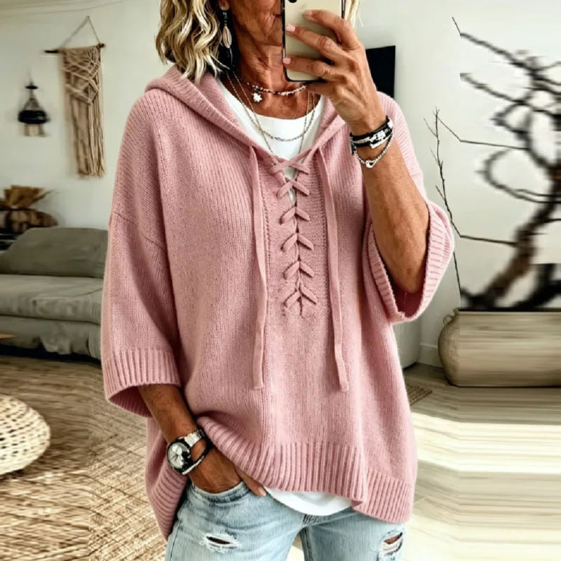 Hooded Knit Top with Lace-Up Front - Dusty Pink