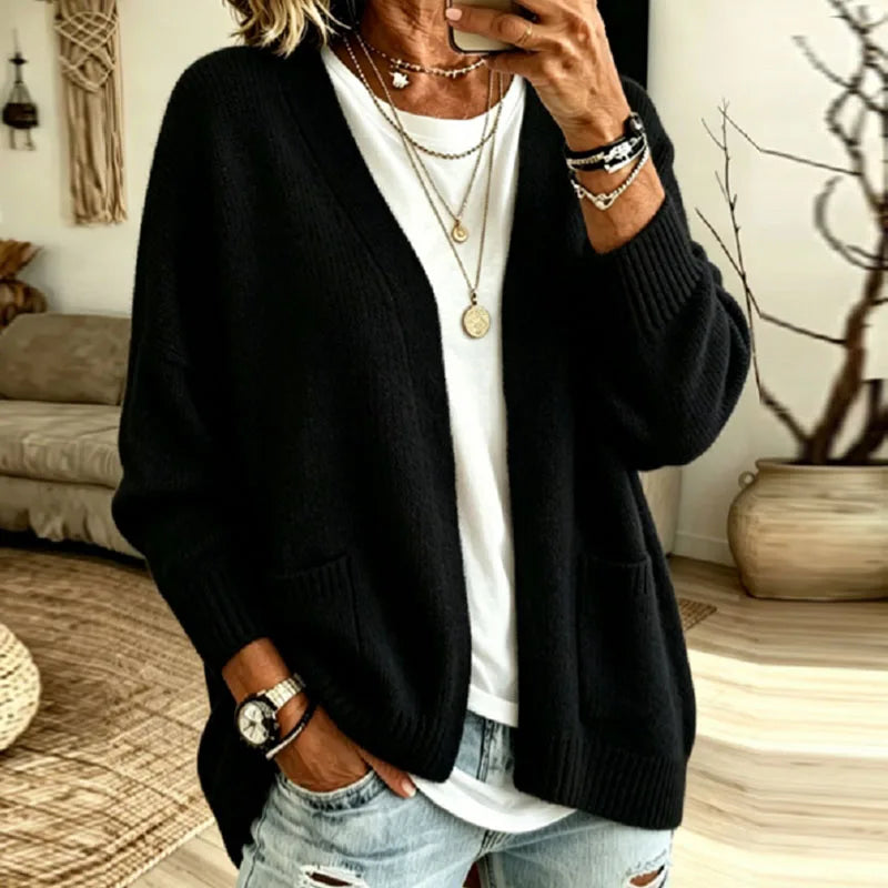 Oversized Open Front Cardigan with Pockets - Navy