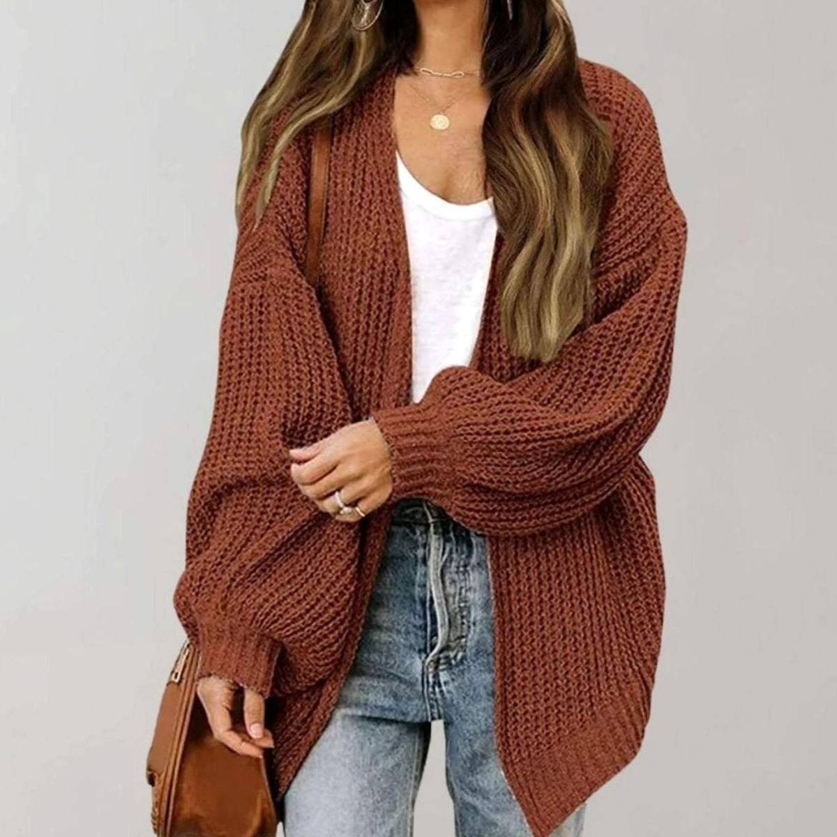 Oversized Chunky Knit Cardigan, Open Front - Black