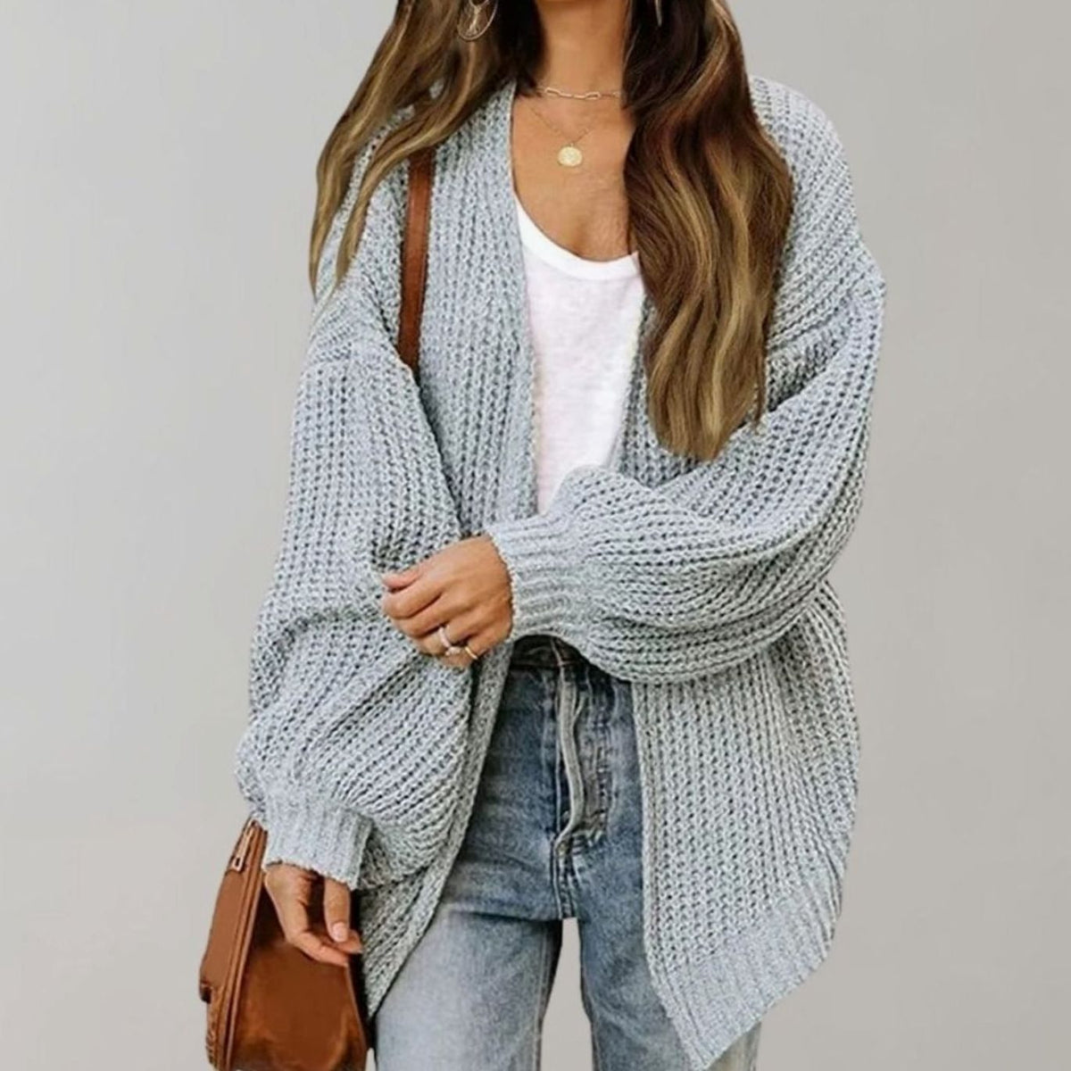 Oversized Chunky Knit Cardigan, Open Front - Black