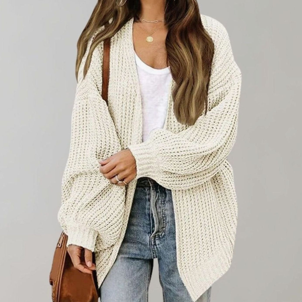 Oversized Chunky Knit Cardigan, Open Front - Black