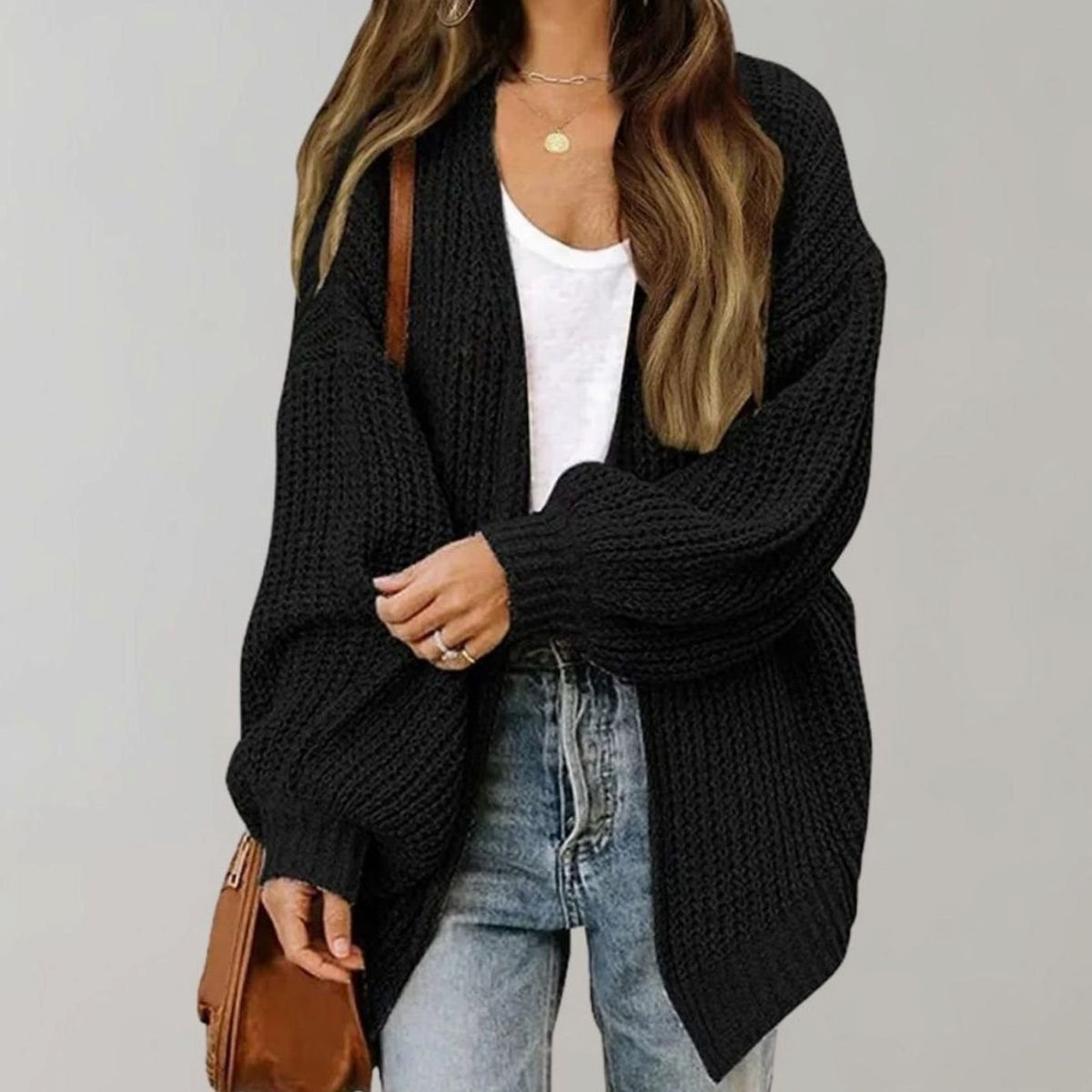 Oversized Chunky Knit Cardigan, Open Front - Black