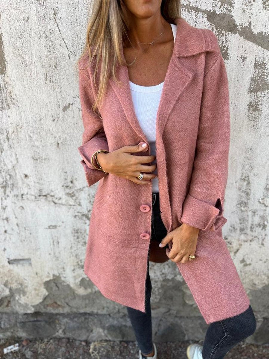 Longline Knit Coat with Lapels and Buttons - Rose