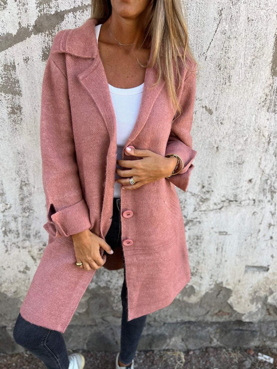Longline Knit Coat with Lapels and Buttons - Rose