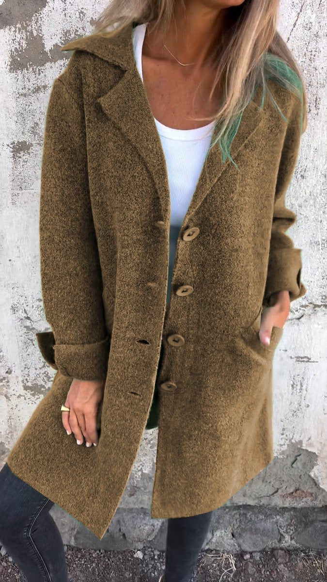 Longline Knit Coat with Lapels and Buttons - Rose