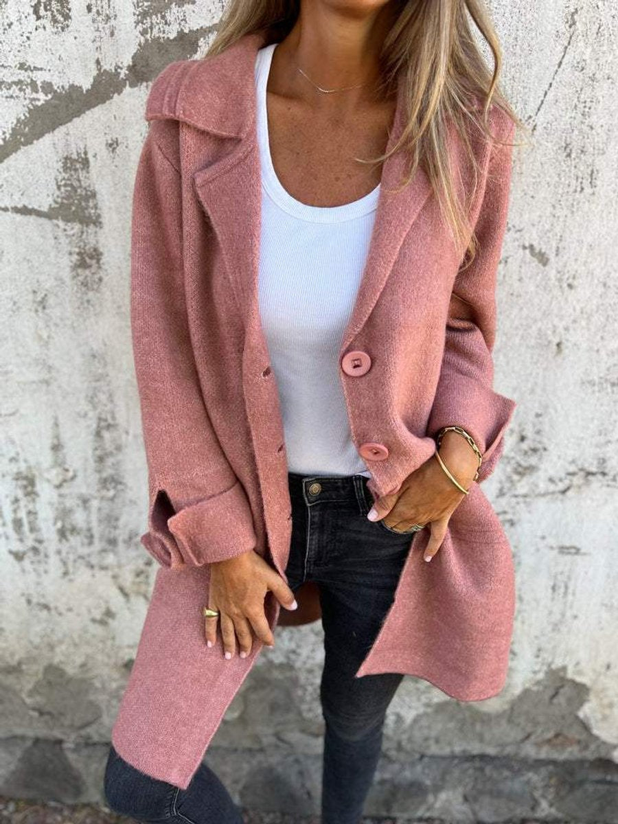 Longline Knit Coat with Lapels and Buttons - Rose