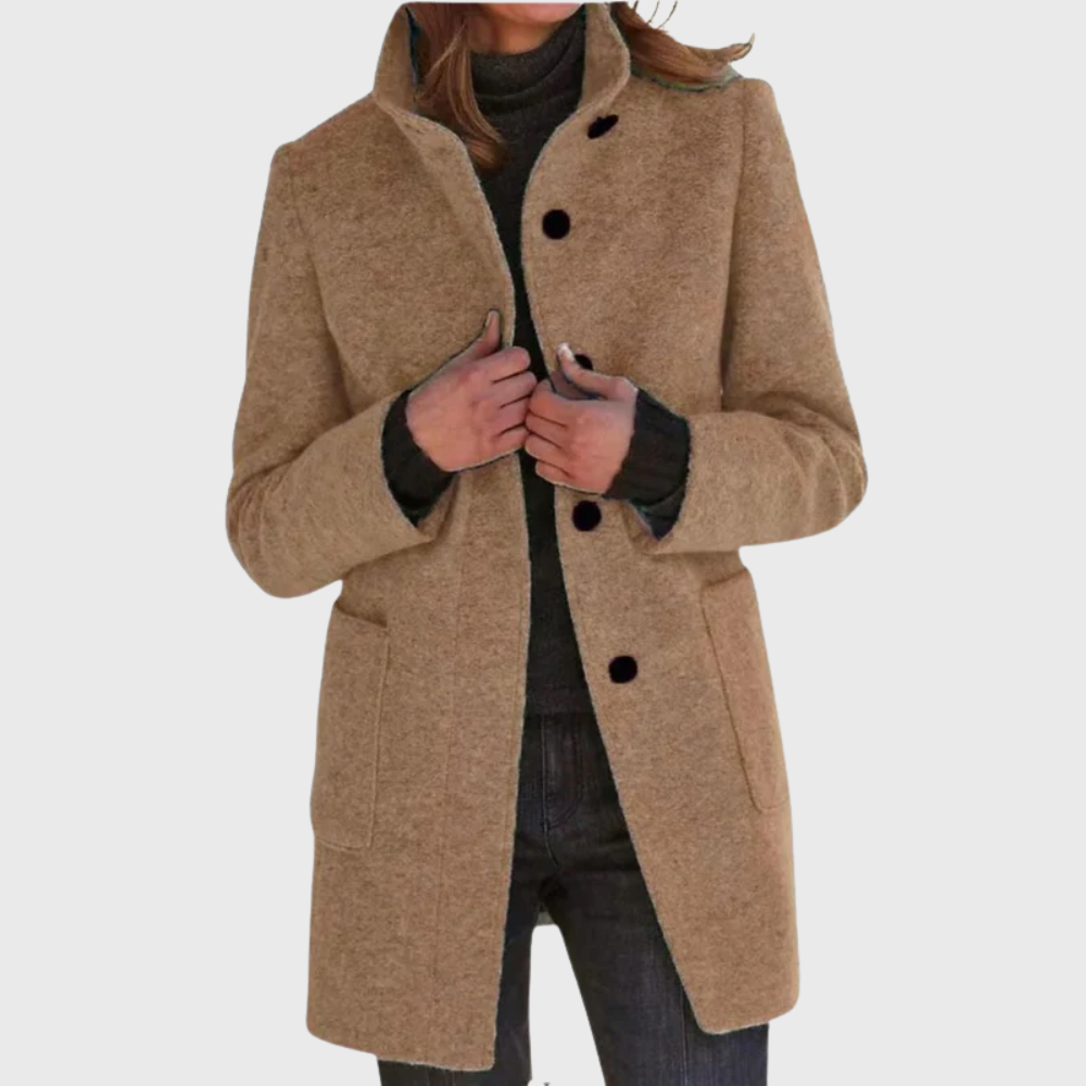 Quinn | Knitted Funnel Neck Collared Buttoned Pocket Long Autumn Smart Tailored Coat Women