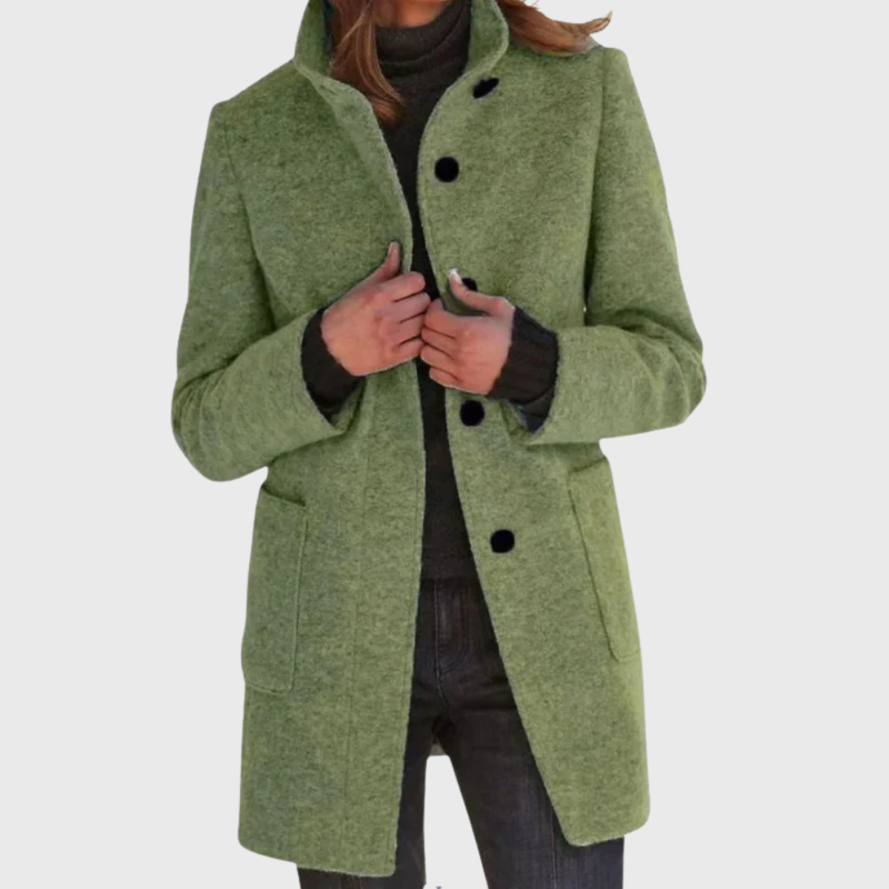 Quinn | Knitted Funnel Neck Collared Buttoned Pocket Long Autumn Smart Tailored Coat Women