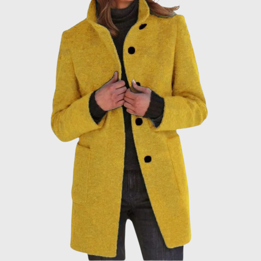 Quinn | Knitted Funnel Neck Collared Buttoned Pocket Long Autumn Smart Tailored Coat Women