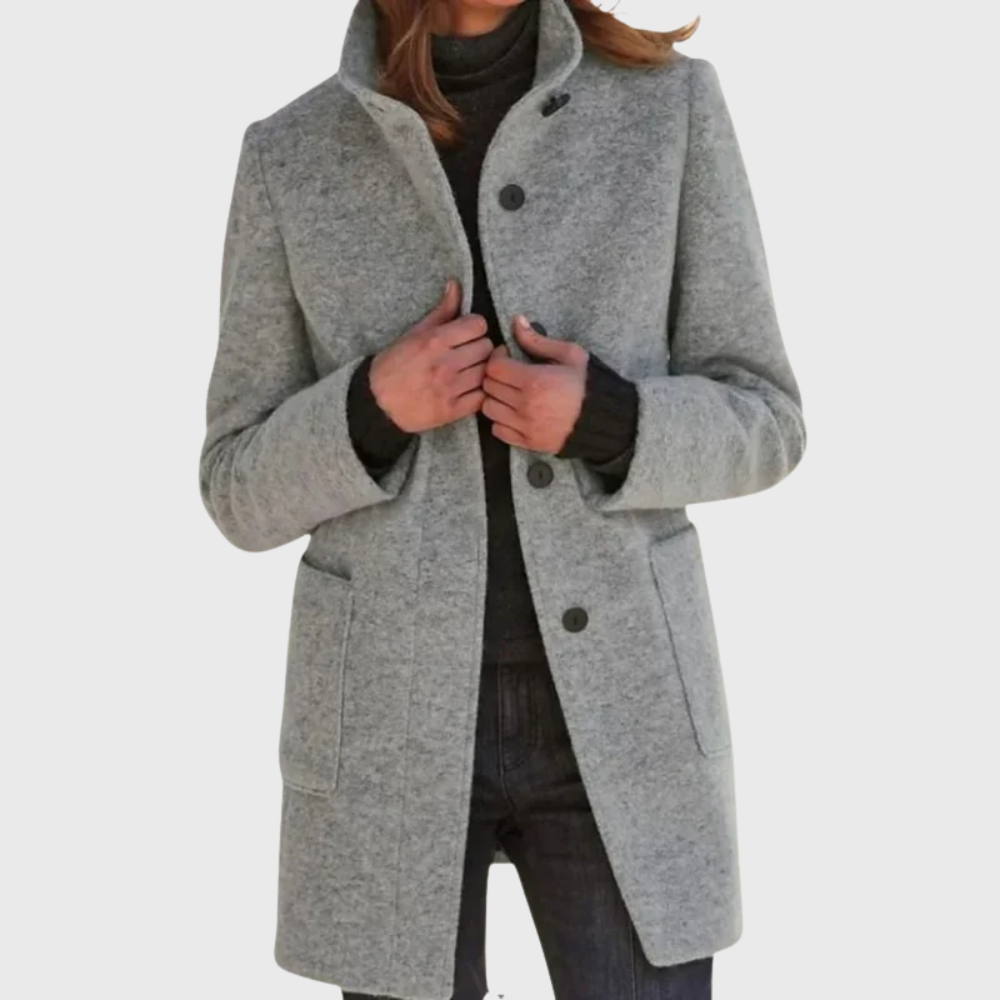 Quinn | Knitted Funnel Neck Collared Buttoned Pocket Long Autumn Smart Tailored Coat Women