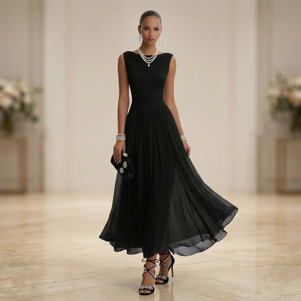 Zoe | Cowl Neck Ruched Pleated Chiffon A Line Tea Length Sleeveless Occasion Evening Dress Women