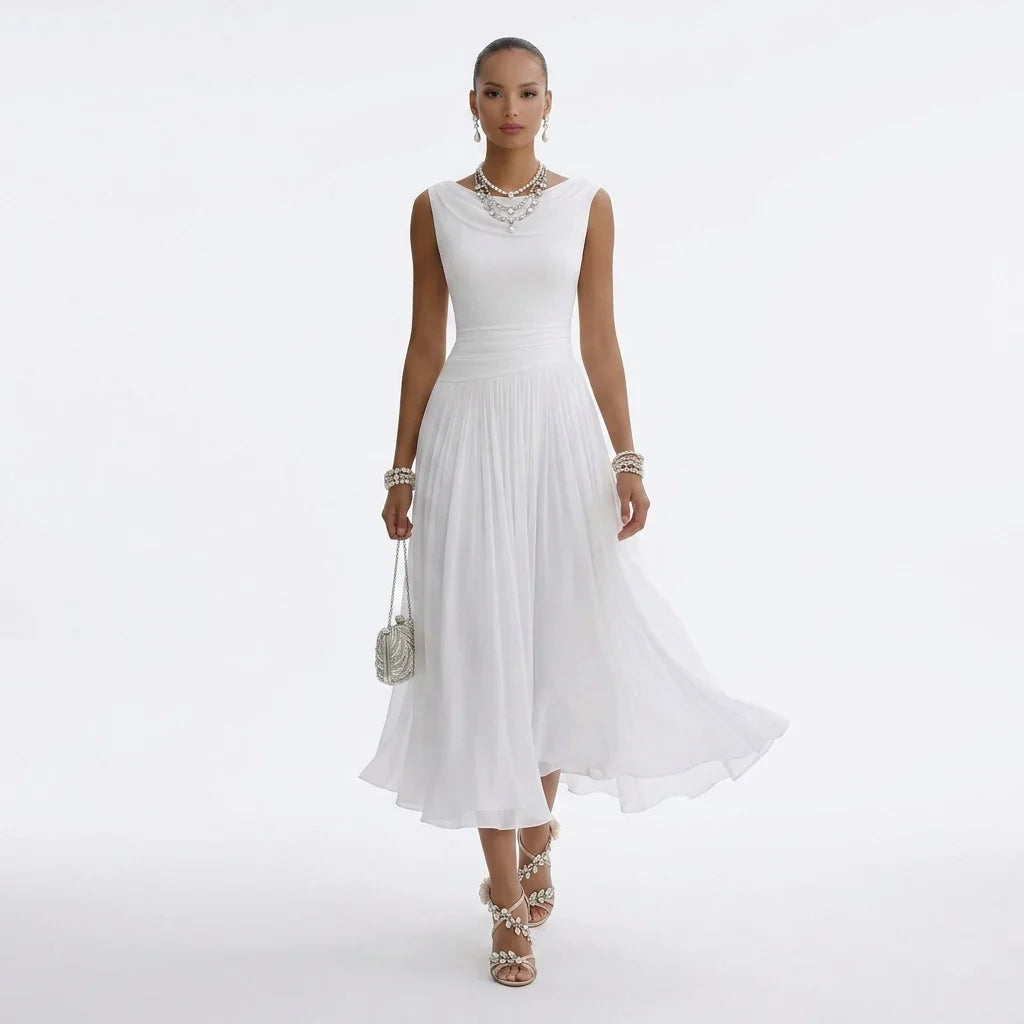 Zoe | Cowl Neck Ruched Pleated Chiffon A Line Tea Length Sleeveless Occasion Evening Dress Women