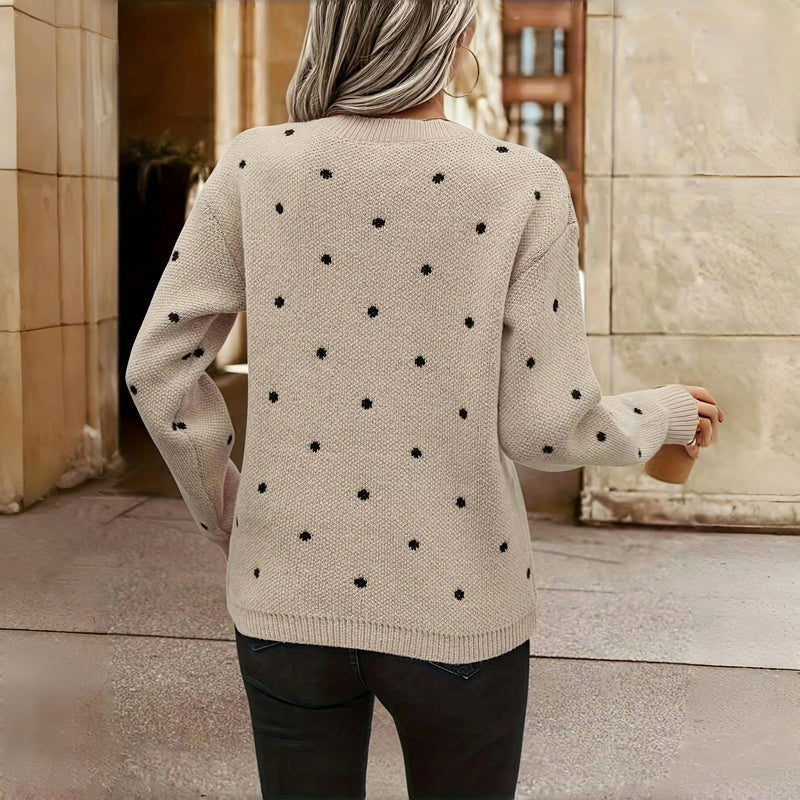 Polka Dot Knit Sweater with Crew Neck - Cream