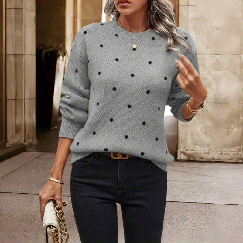 Polka Dot Knit Sweater with Crew Neck - Cream