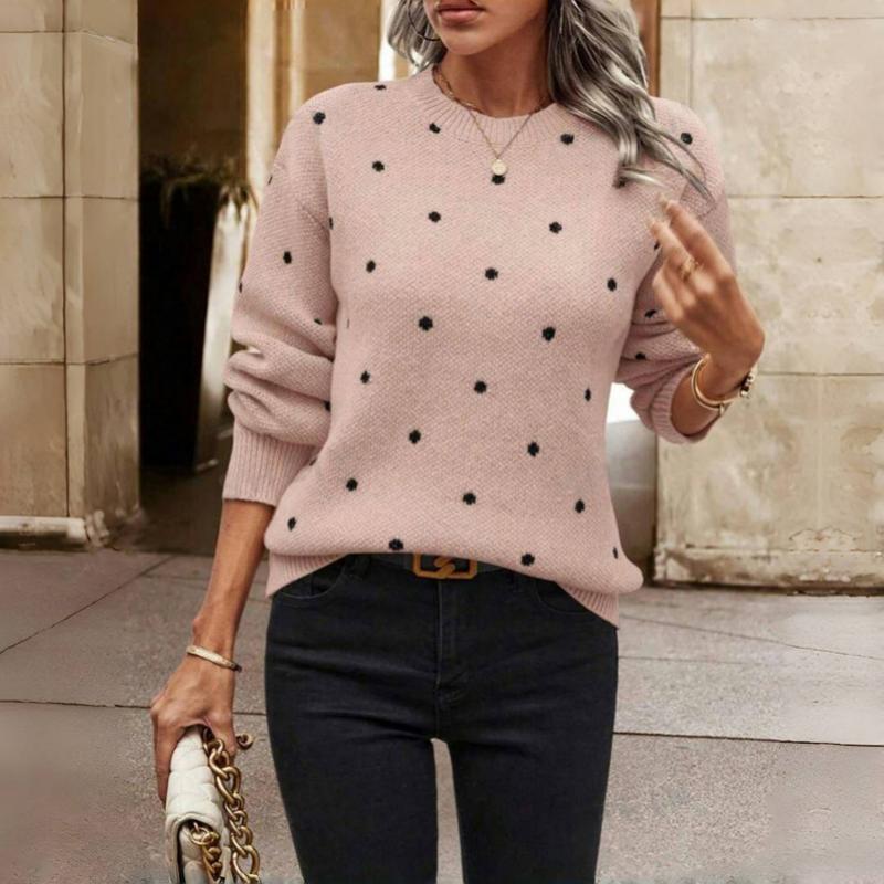 Polka Dot Knit Sweater with Crew Neck - Cream