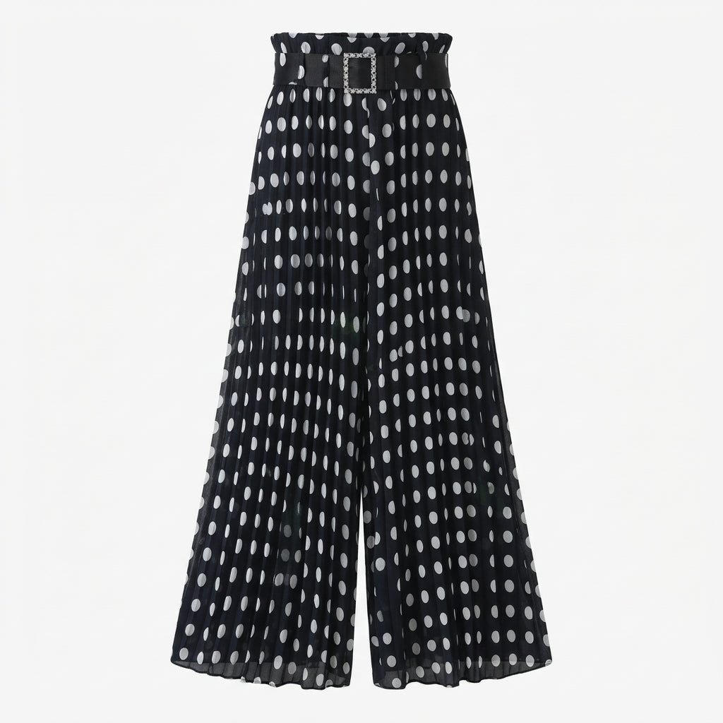 Winnie | Polka Dot Belted Pleated Flowy Sheer High Waisted Wide Leg Palazzo Pants Women