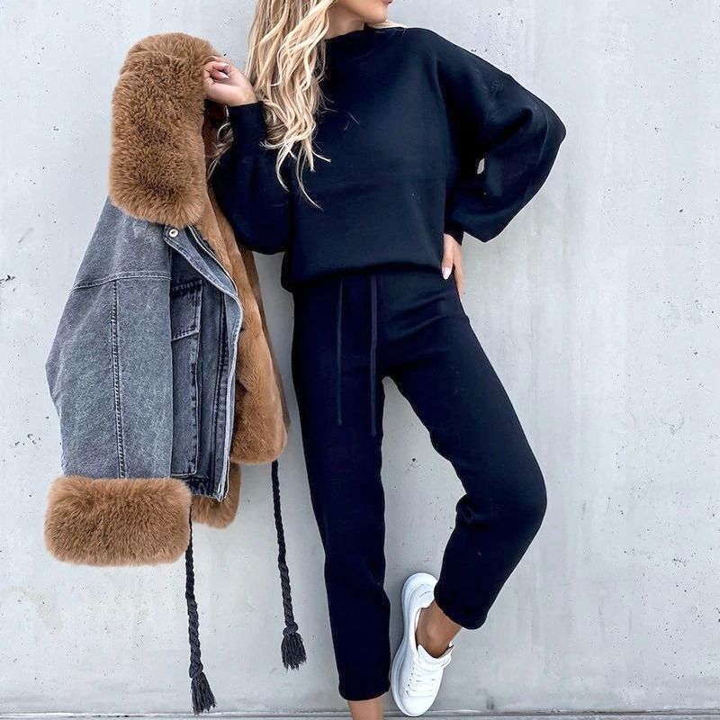Alexa | Oversized High Neck Autumn Winter Long Sleeve Knit Straight Leg Tracksuit Women