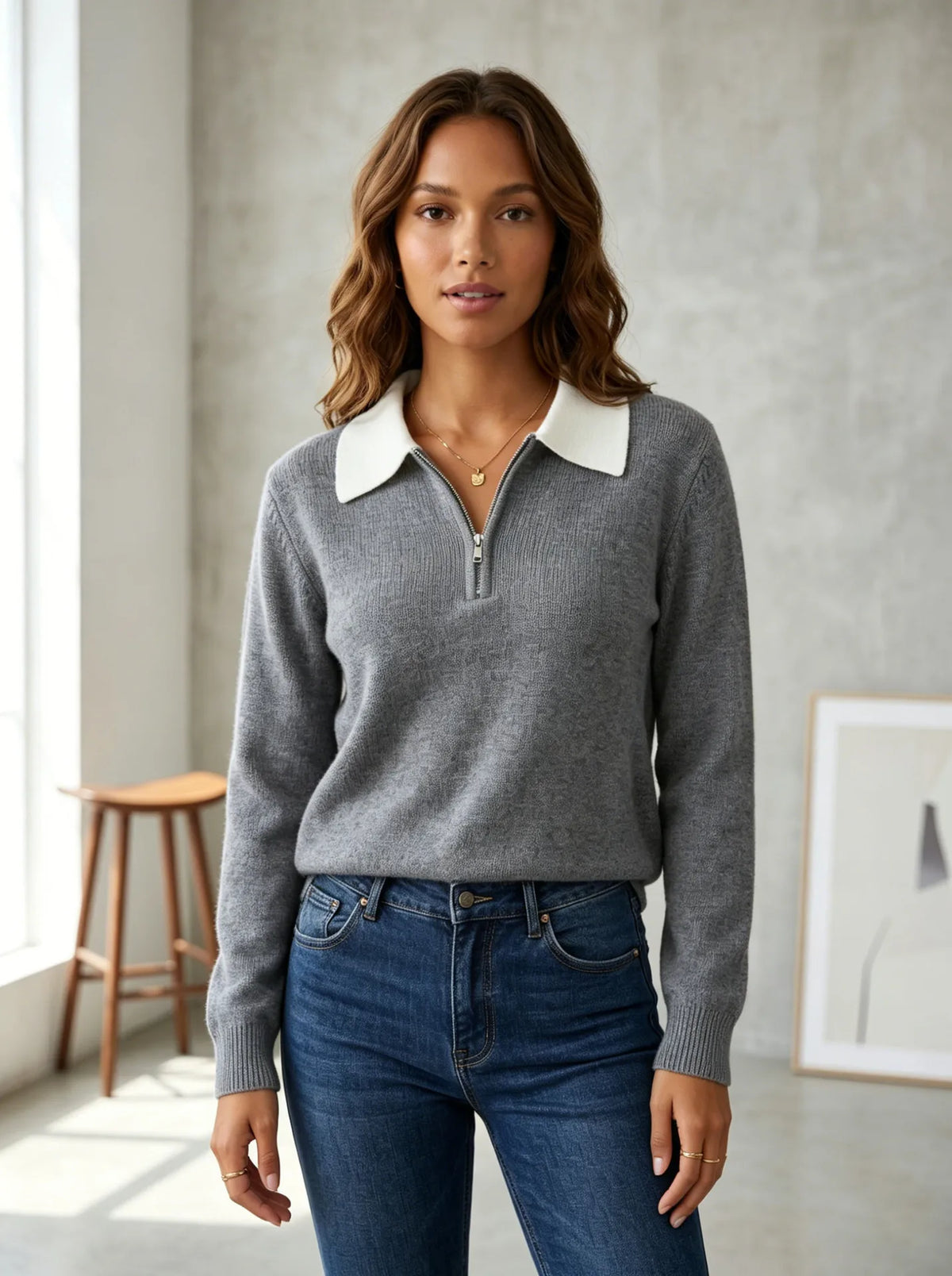 Quarter Zip Knit Sweater with Contrast Collar - Grey