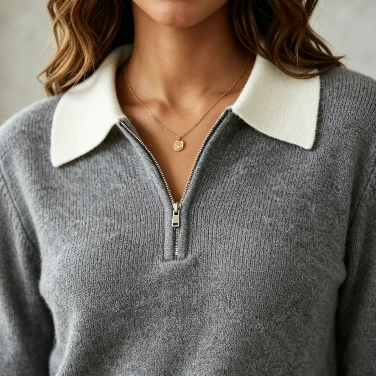 Quarter Zip Knit Sweater with Contrast Collar - Grey