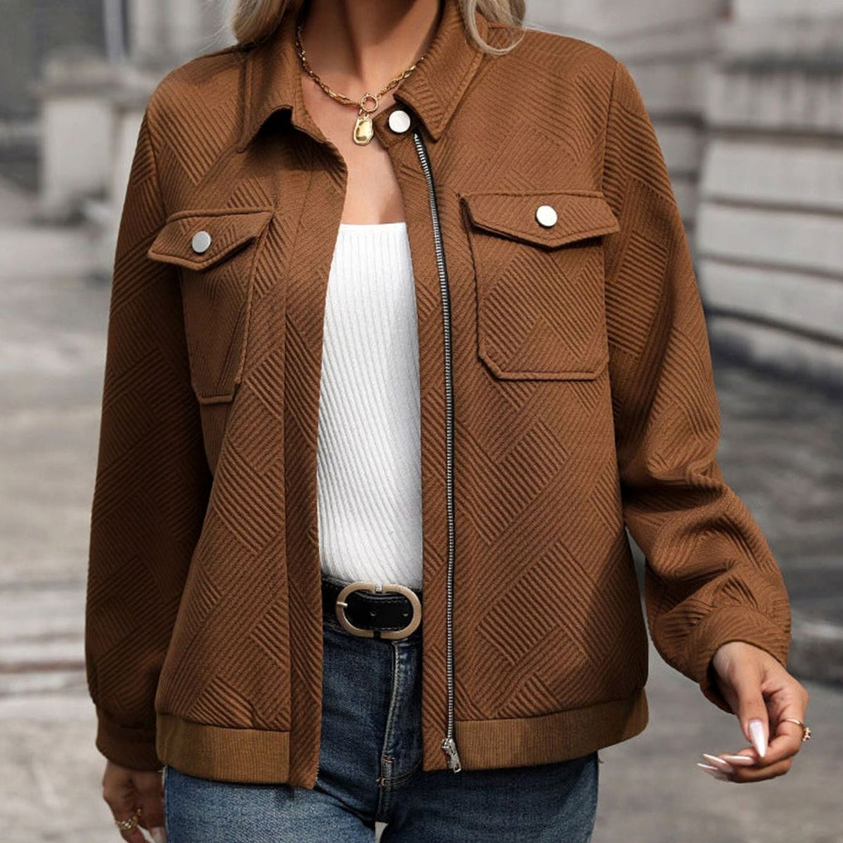 Jodie | Knitted Collared Zip Up Ribbed Hem Pocket Autumn Bomber Jacket Women