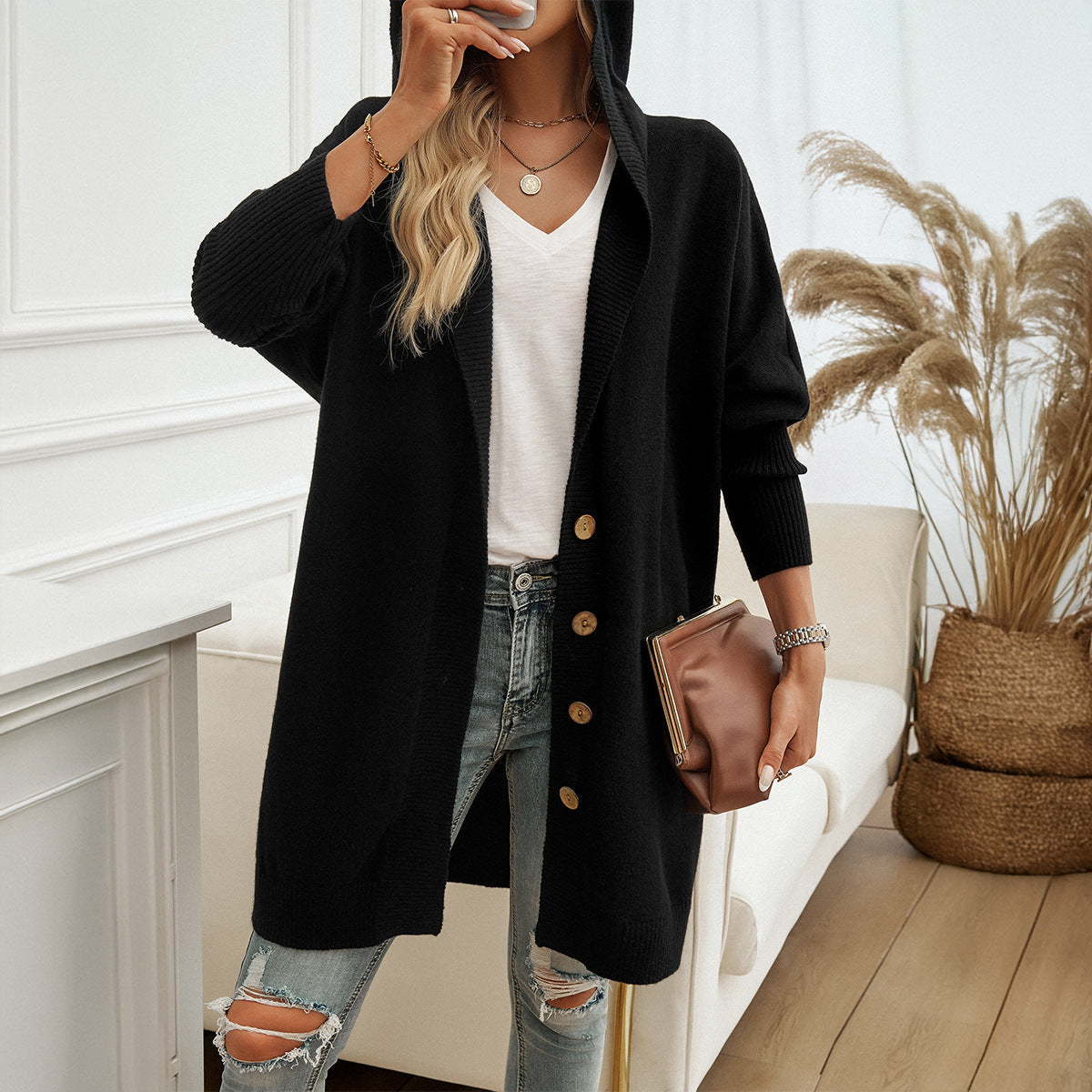 Long Hooded Knit Cardigan with Button Front - Beige