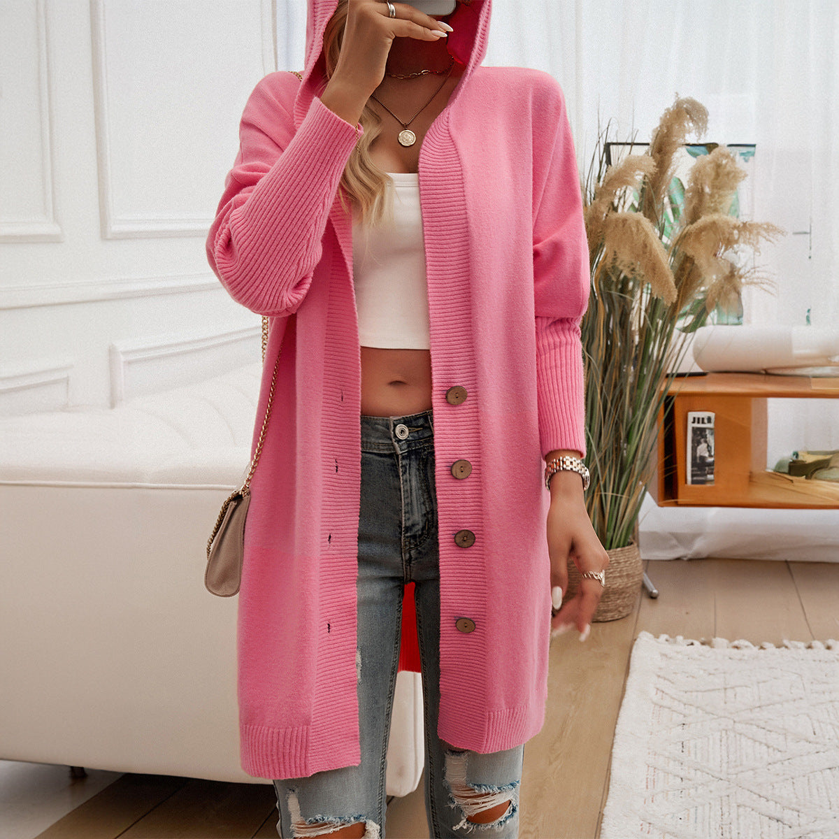 Long Hooded Knit Cardigan with Button Front - Beige