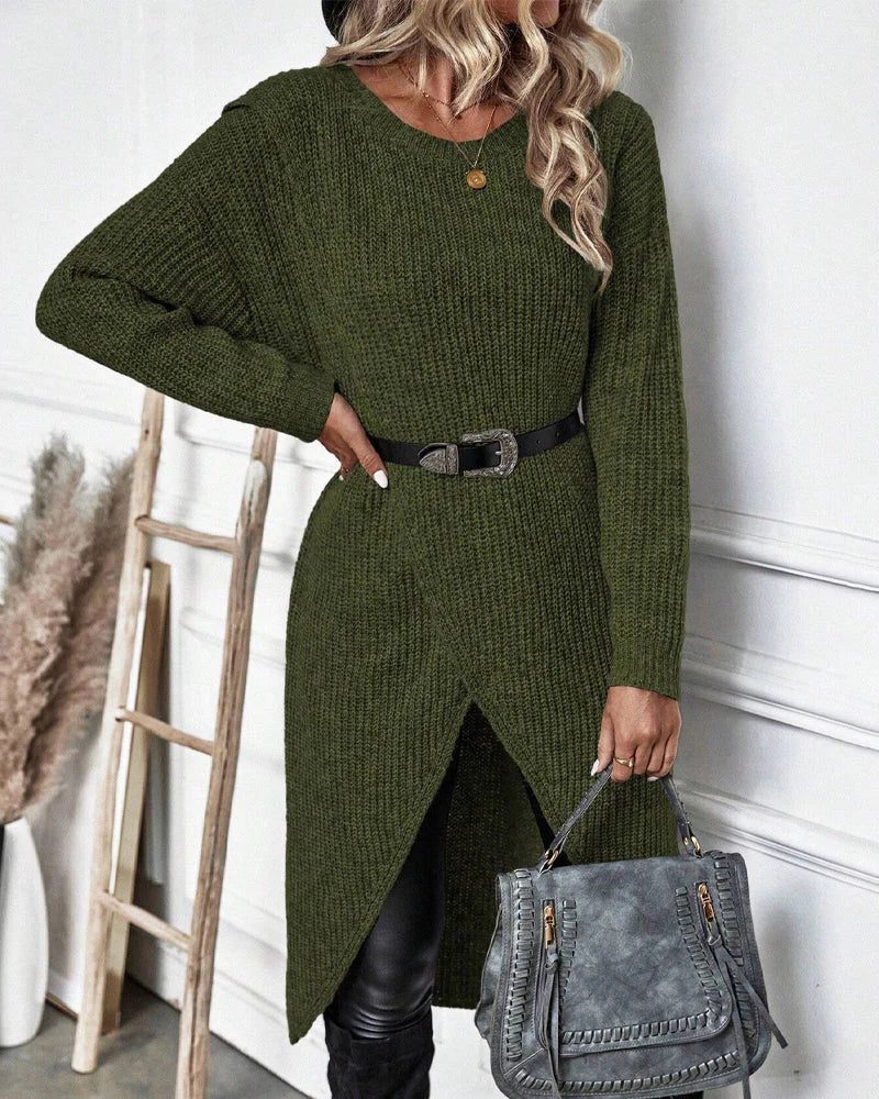 Ribbed Wrap Front Knit Dress with Split Hem - Dark Green