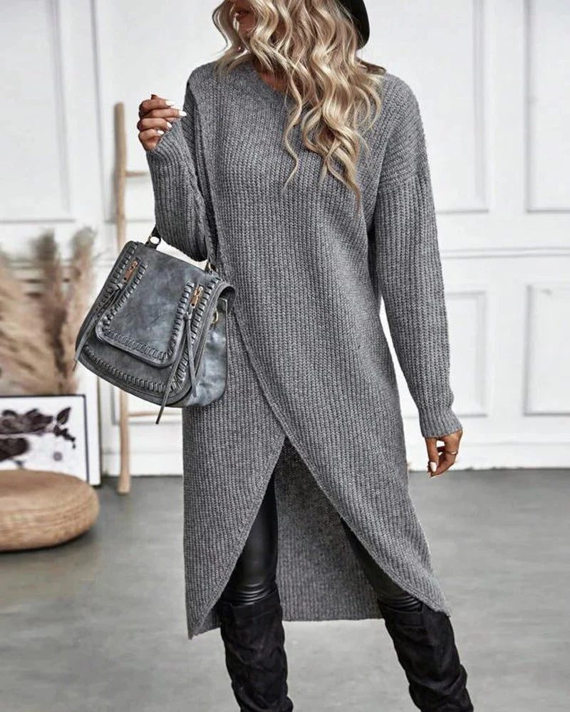 Ribbed Wrap Front Knit Dress with Split Hem - Dark Green