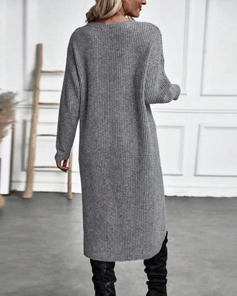 Ribbed Wrap Front Knit Dress with Split Hem - Dark Green