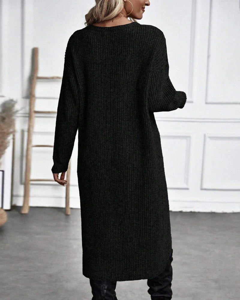 Ribbed Wrap Front Knit Dress with Split Hem - Dark Green