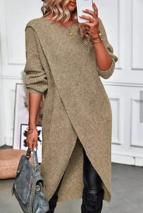 Ribbed Wrap Front Knit Dress with Split Hem - Dark Green