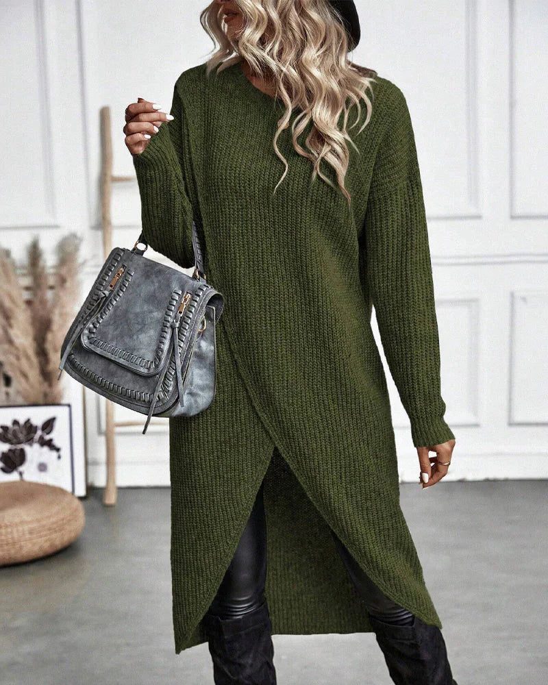 Ribbed Wrap Front Knit Dress with Split Hem - Dark Green