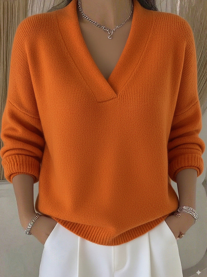 Relaxed Knit Sweater with Deep V-Neckline - Pink