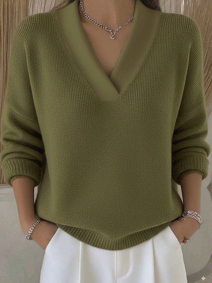 Relaxed Knit Sweater with Deep V-Neckline - Pink