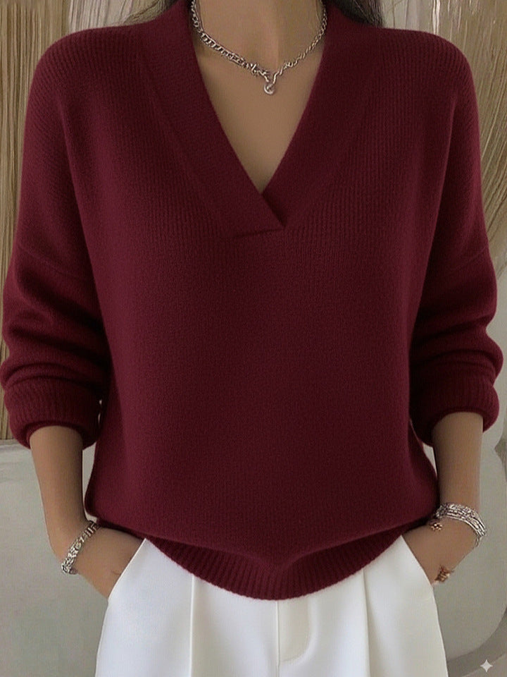 Relaxed Knit Sweater with Deep V-Neckline - Pink