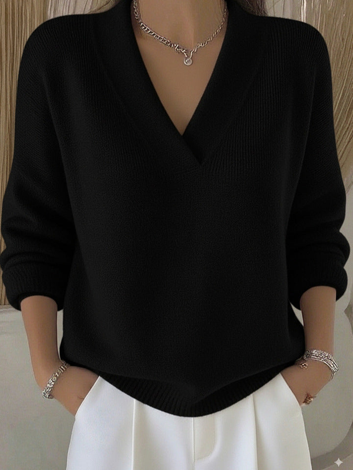 Relaxed Knit Sweater with Deep V-Neckline - Pink