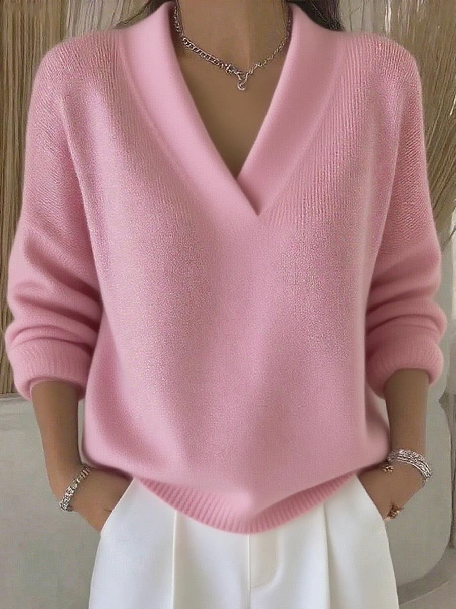 Relaxed Knit Sweater with Deep V-Neckline - Pink