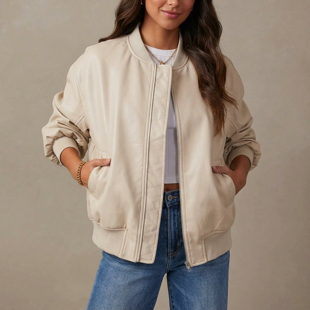 Jolie | Collared Zip Up Pocket Faux Leather Ribbed Hem Autumn Oversized Bomber Jacket Women